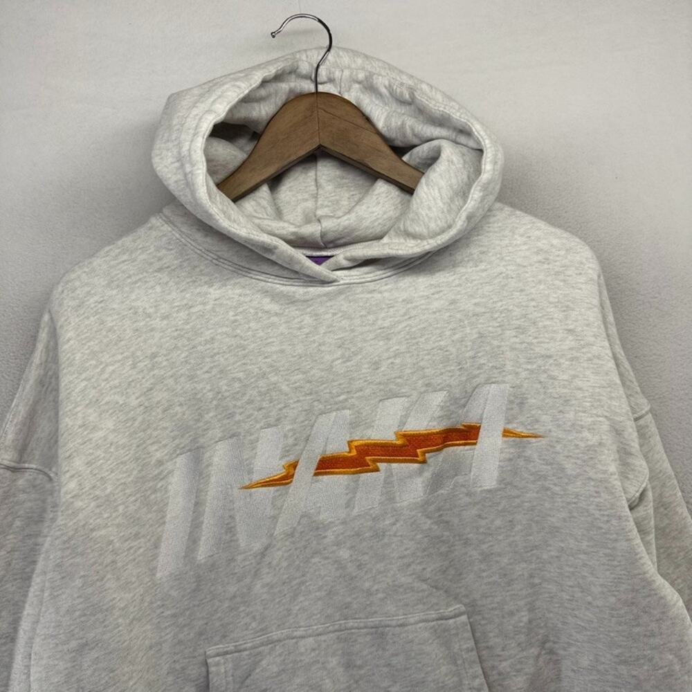 Inaka Power Hoodie Men's Medium Gray Sweatshirt Embroidered Spellout Lightning